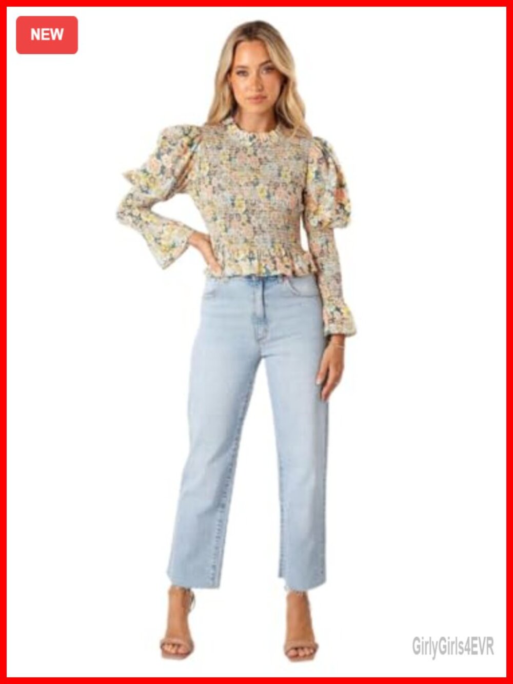 Women's Peplum Long Sleeve Blouse Shirred Bodice Puff Sleeve Top